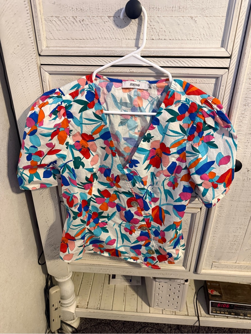 JustFab White Floral Puff-Sleeve Wrap Top with Multi-Colored Blooms